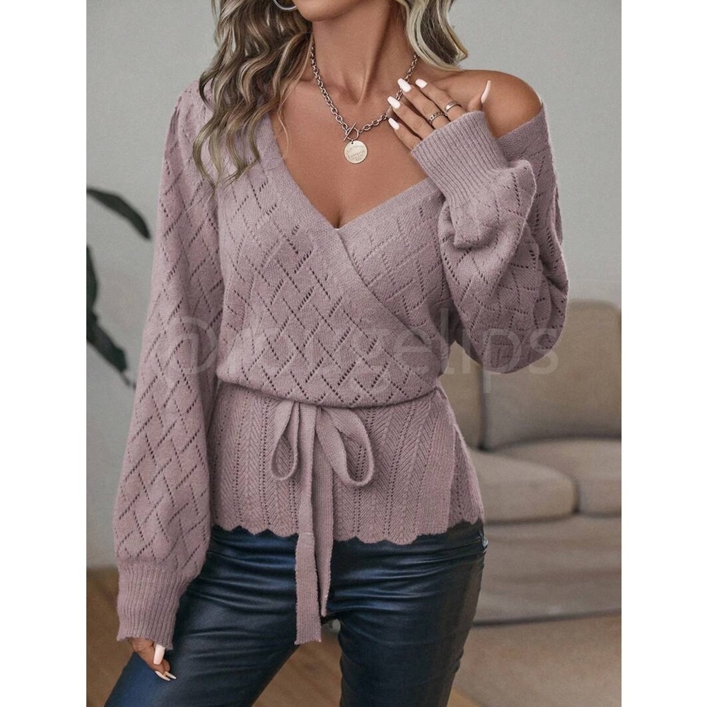 Dusty Lavender Wrap Cardigan Long Lantern Sleeve Ties